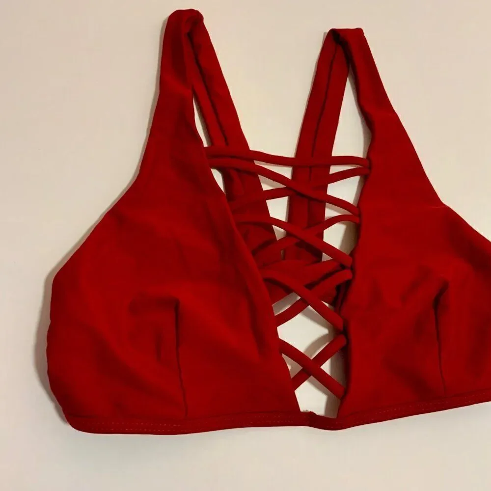 Cupshe Wine Red Lingering Farewell Lace Up Bikini Top Small